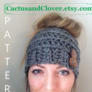 May include: A gray crochet beanie with a bun space and wooden buttons. The beanie is worn by a person with blonde hair. The text "CactusandClover.etsy.com" is visible at the top of the image.