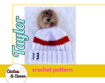 CROCHET PATTERN - Taylor Game Day Beanie Pattern, Red and White Beanie Pattern, Crochet Taylor Beanie, Taylor Beanie Pattern