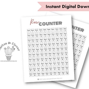 Puede incluir: Contador de filas imprimible con 100 cuadrados numerados, perfecto para hacer un seguimiento de las filas en proyectos de tejido o ganchillo. El diseño presenta un logotipo de cactus y trébol en blanco y negro con el texto "Cactus & Clover" y la dirección del sitio web "www.cactusandclover.etsy.com".