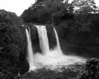 Hawaii Waterfall | Rainbow Falls Black and White Photograph Landscape Art | Waterfall Print | BW Home Decor | Big Island Hawai'i Photography