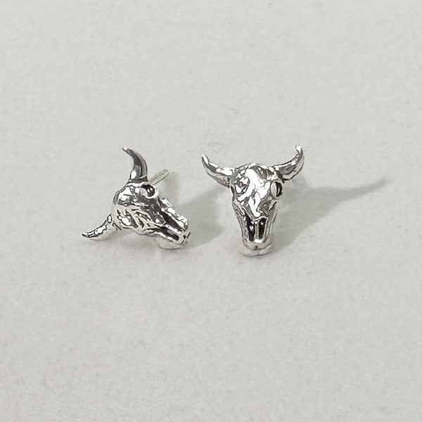 Sterling Silver Bull Skull Earrings - Bull Skeleton Earrings - Animal Skull Earrings - Bull Skull Stud Earrings - Gothic Earrings