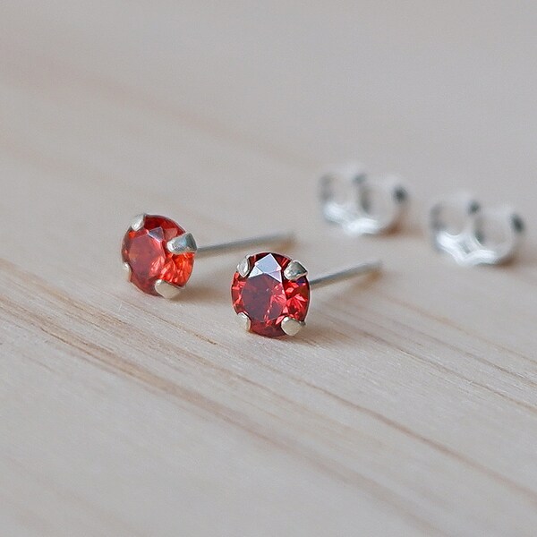 4mm Red CZ Stud earrings - 925 Sterling Silver - Garnet CZ Stud earrings - simple stud earrings - Cartilage Earrings - Delicate Studs