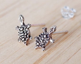 Tiny Sea Turtle Stud Earrings - Sterling Silver Tortoise Jewelry