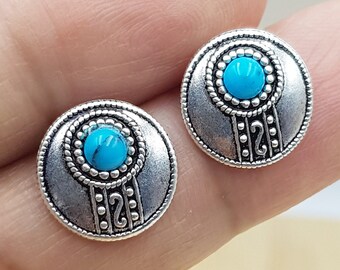 925 Sterling Silver Turquoise Stud Earrings - 4mm Turquoise Earrings - Boho Stud Earrings - Filigree Turquoise Earrings for Women