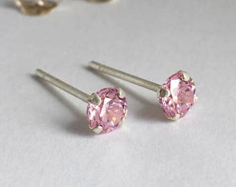 4mm Pink CZ Stud earrings - 925 Sterling Silver - Cubic Zirconia Stud earrings - simple stud earrings - Cartilage Earrings - Delicate Studs