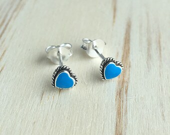 Tiny Turquoise Heart stud earrings - 925 Sterling Silver - Turquoise epoxy earrings - Dainty Turquoise earrings - Cartilage Helix Earrings