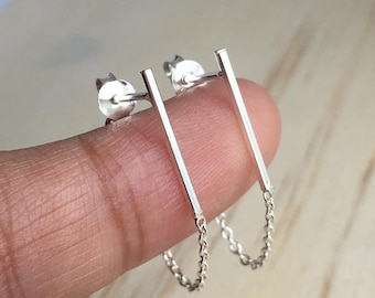 Tiny Bar Chain Studs - 925 Sterling Silver - Chain Bar Earrings - Dangle Chain Stud Earrings - Minimal Earrings - Dainty Modern Earrings