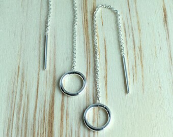 Simple threader earrings - 925 Sterling Silver - Circle silver ear threaders - silver chain earrings - silver ear threads - Chain Earrings