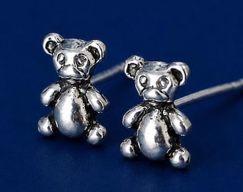 Sterling Silver Teddy Bear Stud Earrings - Tiny Bear Earrings - Cute Animal Studs - 6mm Minimalist Jewelry
