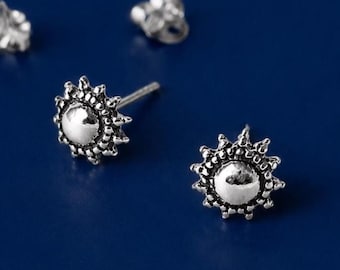 Sunburst Stud Earrings Sterling Silver 925 - Tiny Boho Studs - Tribal Sun Earrings - Vintage Style Studs