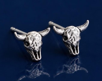Bull Skull Stud Earrings Sterling Silver 925 - Western Skull Earrings - Longhorn Studs - Tiny Cow Skull Earrings