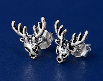 Stag Head Stud Earrings Sterling Silver - Deer Antler Jewelry