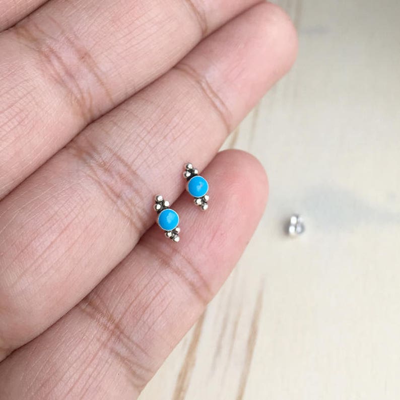 Tiny Turquoise Sterling Silver Stud Earrings – Boho Cartilage Jewelry image 2