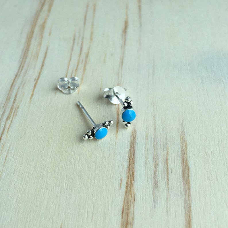 Tiny Turquoise Sterling Silver Stud Earrings – Boho Cartilage Jewelry image 3