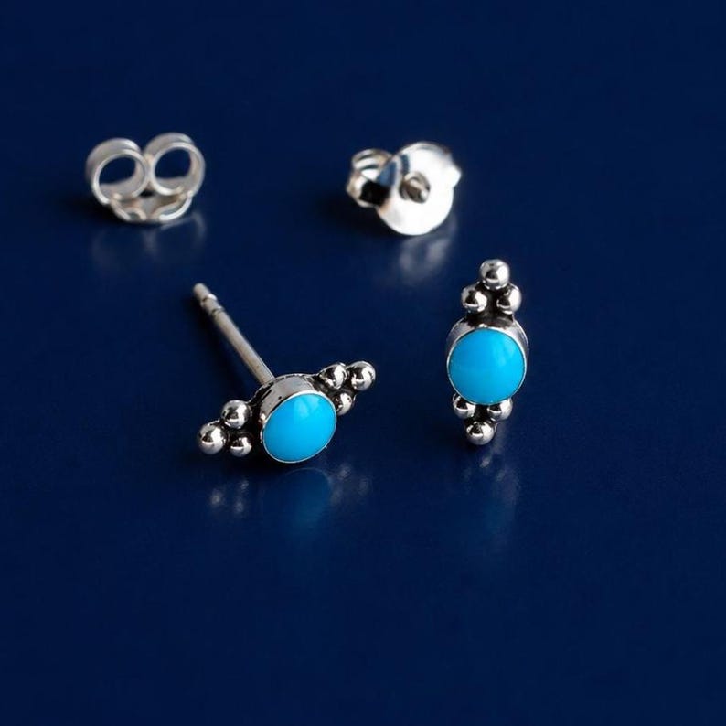 Tiny Turquoise Sterling Silver Stud Earrings – Boho Cartilage Jewelry image 1