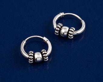 Bali Hoop Earrings Sterling Silver 925 - Beaded Hoop Earrings - Tribal Silver Hoops - 10mm Small Hoops