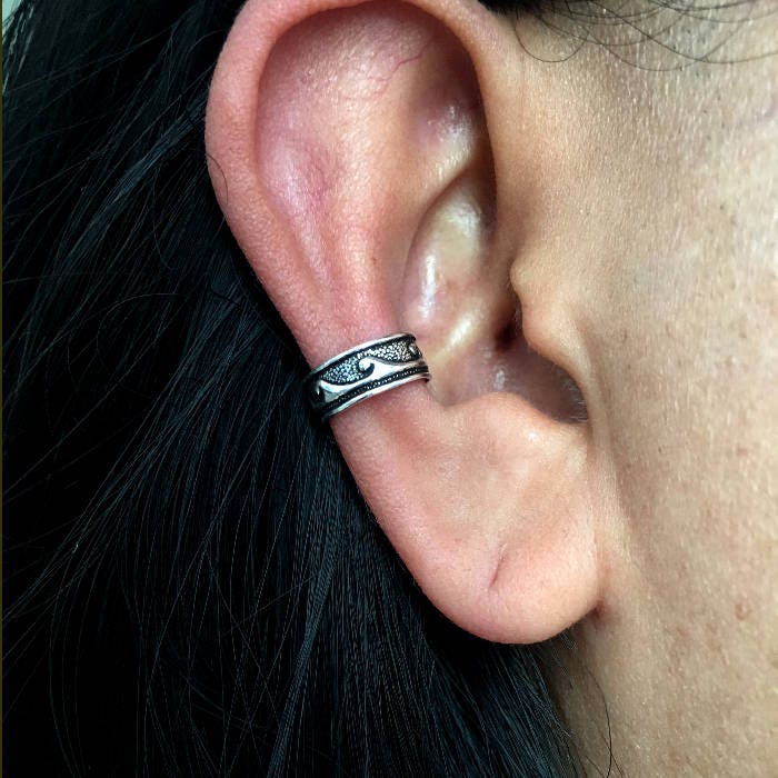 Oxidized Wave Ear Cuff Earrings 925 Sterling Silver Etsy