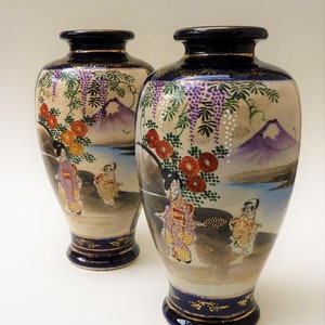 A pair of Japanese Meiji Satsuma Gosu Cobalt Blue vases
