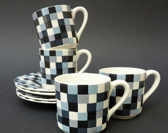 Gien France Tazas de café a cuadros de mediados de siglo
