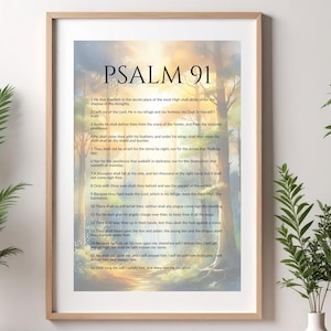 Verticale muurkunst Psalm 91 | Aquarel van vredig bos- of bergtafereel - Religieus woondecoratie | Christelijke afdrukbare muurkunst | png