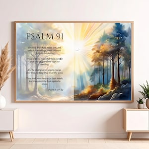 Psalm 91 kunst aan de muur aquarel van vredig bos- of bergtafereel - Religieus interieur | Christelijke afdrukbare muurkunst |  PNG, pdf