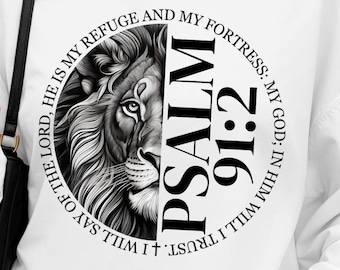 Salmo 91:2 León cristiano SVG – Diseño de versículo bíblico PNG para transferencias DTF (Descarga digital)
