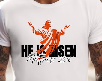 Diseño de camiseta PNG de Pascua "Él ha resucitado" en formato SVG para transferencias DTF (descarga digital).