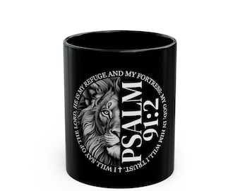 Psalm 91:2 Lion Illustration Mug | Scripture Coffee Cup