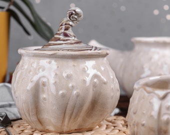 White Pumpkin Sugar Bowl with Lid – Handmade Ceramic Jar for Honey, Jam or Sugar, Rustic Pottery Kitchen Decor, Ceramic Fall Gift