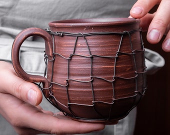 Ceramic Coffee Mug, Handmade Ethno Technic Natural Mug, Metal Decor, Strong Mug, Pottery Coffee Mug, Tea Mug, Best Friend Gift, Mom Gift