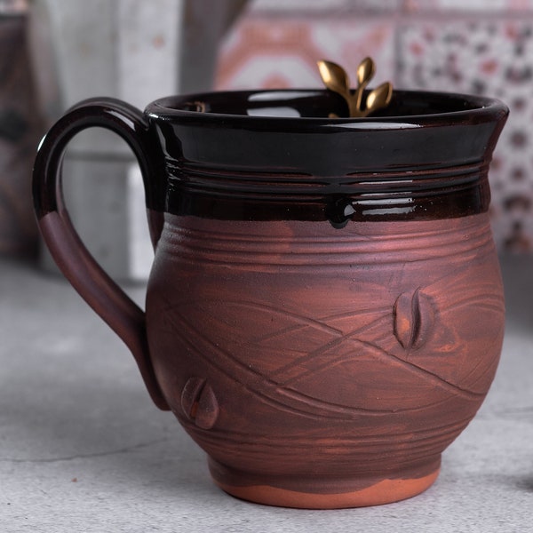 Keramik Kaffeetasse, Handgemachte Tasse, Hergestellt in der Ukraine, Kaffeebohne Dekor, Kunst Rustikaler Stil, Handgemachte Keramik, Kaffeetasse, Kaffee Liebhaber Geschenkidee