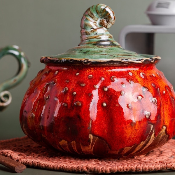 Orange Pumpkin Pottery Sugar Pot, Honey Pumpkin Pot With Green Cover, Ceramic Pumpkin Kitchen Decor, Best Friend Gift, Housewarming Gift