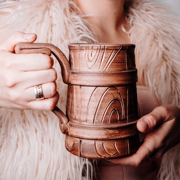 Large Pottery Mug, Wooden Barrel Mug, Beer Lover Gift, Viking Mug, Large Ceramic Coffee Mug, Best Dad Mug, Brother Mug, Large Tea Mug