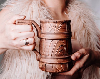 Large Pottery Mug, Wooden Barrel Mug, Beer Lover Gift, Viking Mug, Large Ceramic Coffee Mug, Best Dad Mug, Brother Mug, Large Tea Mug