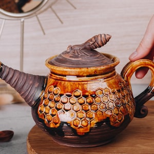 Handmade Ceramic Kettle, Tea Brewing Kettle, Honeycomb Decor, Ceramic Home Decor, Tea Lover Gift, Beekeeper Gift, Best Friend Gift Idea image 4