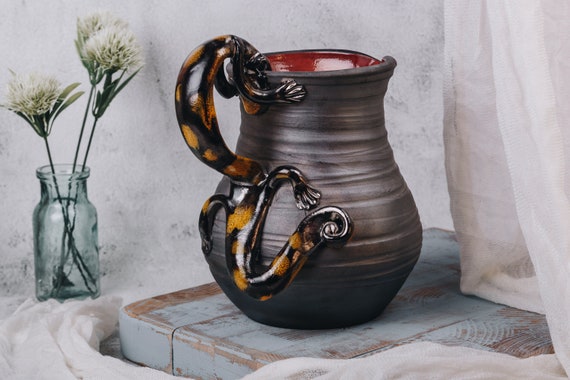 Handmade Ceramic Pitcher, With Lizard Handle, Fine Art Ceramics, Wine Serving  Pitcher, Unique Restore Technique, in Firewood Oven Firing 