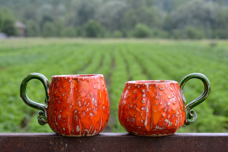 Pumpkin Mug Orange Set Of Two Mugs, Shape Of a Pumpkin, Handmade Pottery Cups, Orange Ceramic Cups, Orange Mug, The Set Costs 99 Euros !!! 