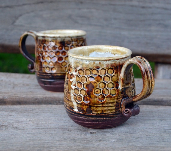 Coffee Cup Pottery Handmade, Honeycomb Cup, Bee Pottery Cup, Large