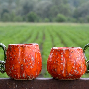 Pumpkin Mug Set or Single – Handmade Stoneware Orange Coffee Cup with Green Handle, Rustic Fall Gift, Microwave & Dishwasher Safe