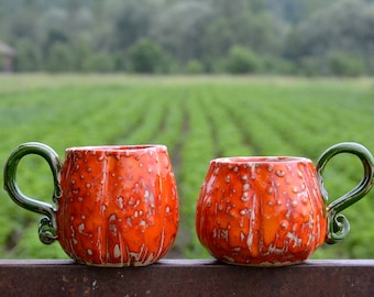 Pumpkin Mug, Orange Set Of Two Mugs, Shape Of a Pumpkin, Handmade Pottery Cups, Orange Ceramic Cups, Orange Mug, The Set Costs 112 Euros !!!