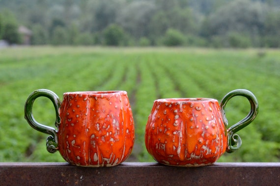 Pumpkin Mug, Orange Set of Two Mugs, Shape of a Pumpkin