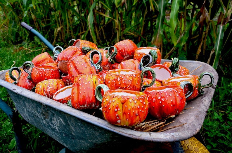 May include: A wheelbarrow filled with ceramic mugs. The mugs are pumpkin-shaped, with orange and yellow coloring and white speckles. Each mug has a green handle. The wheelbarrow is gray and sits in a grassy area.
