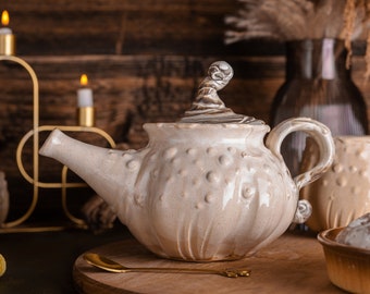 Tetera de calabaza blanca hecha a mano con infusor – Tetera de cerámica de gres, tetera rústica otoñal con tapa, 500 ml, apta para microondas y lavavajillas
