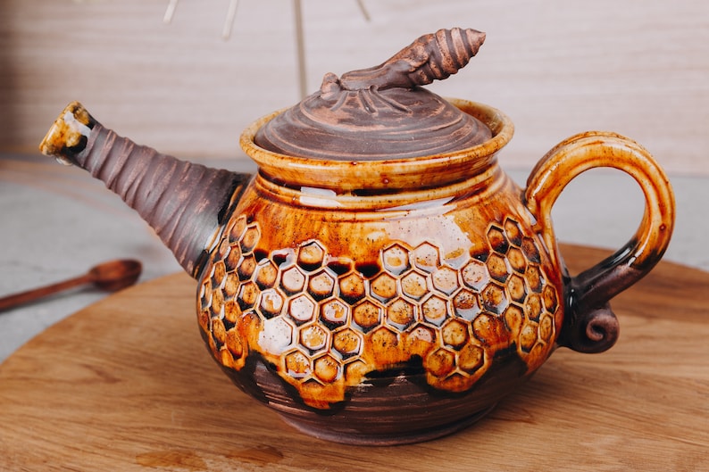 Handmade Ceramic Kettle, Tea Brewing Kettle, Honeycomb Decor, Ceramic Home Decor, Tea Lover Gift, Beekeeper Gift, Best Friend Gift Idea image 6