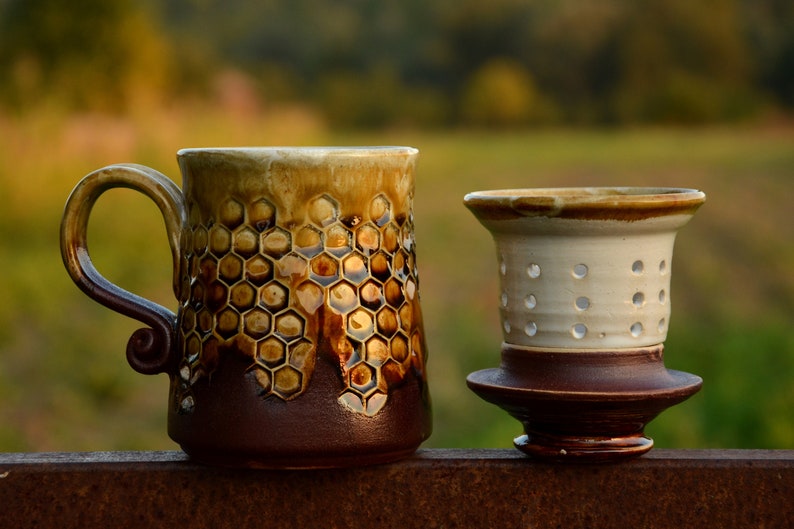 Handmade Pottery Coffee Mug, Honeycomb Pottery Cup, Honey Pottery, Honey Decor Pottery Mug, Best Friend Birthday Gift, Mom Gift, Coffee Mug image 1