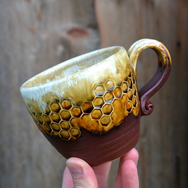Handmade Honeycomb Stoneware Coffee Mug: Rustic Bee Lover Gift