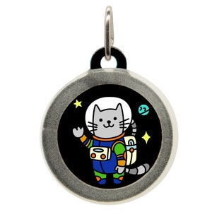 Cute Astronaut Cat Pet ID Tag - Space Themed Dog Tag, Custom Engraved Kitten Tag, Personalized Pet Name Tag, Galaxy Pet Tag for Cats & Dogs
