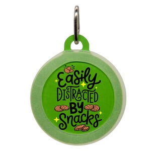 Funny Snack Lover Pet ID Tag, Easily Distracted by Snacks Dog Cat Tag, Custom Puppy Kitten Name Tag, Engraved Pet Collar Charm Gift