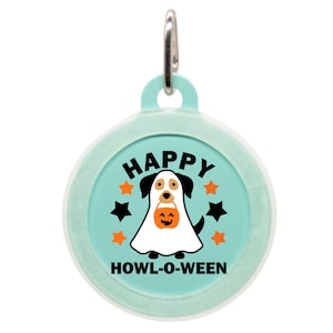 Halloween Dog ID Tag - Happy Howl-O-Ween Pet Tag, Custom Engraved Puppy Tag, Ghost Dog Collar Charm, Funny Halloween Dog Tag