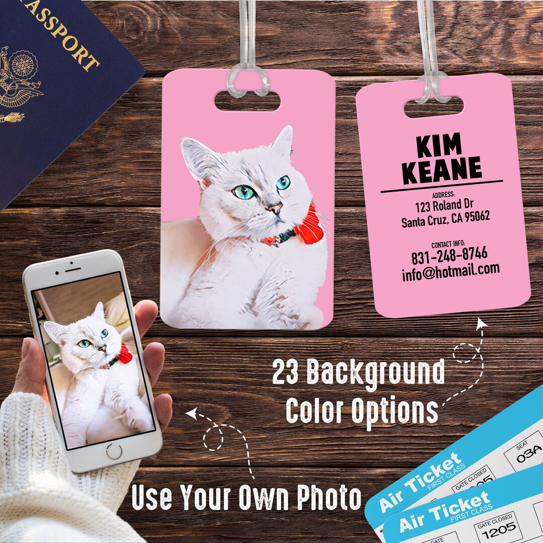 Personalized Cartoon Cat Photo Luggage Tag, Customizable Pet Identifier
